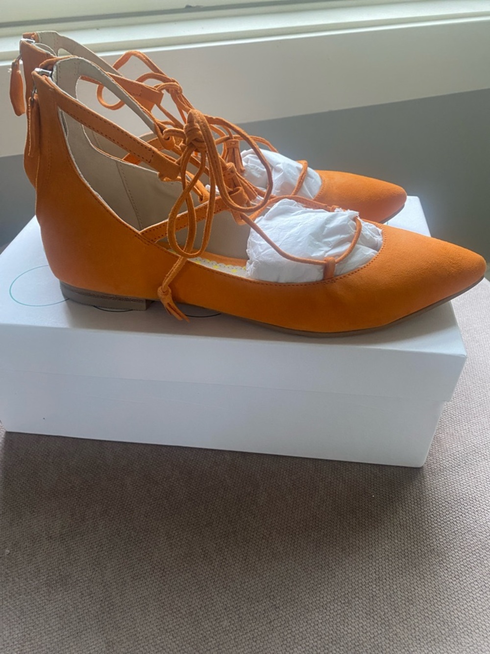 Boden Suede Orange Lace-Up Pointed-Toe Ballet Flats